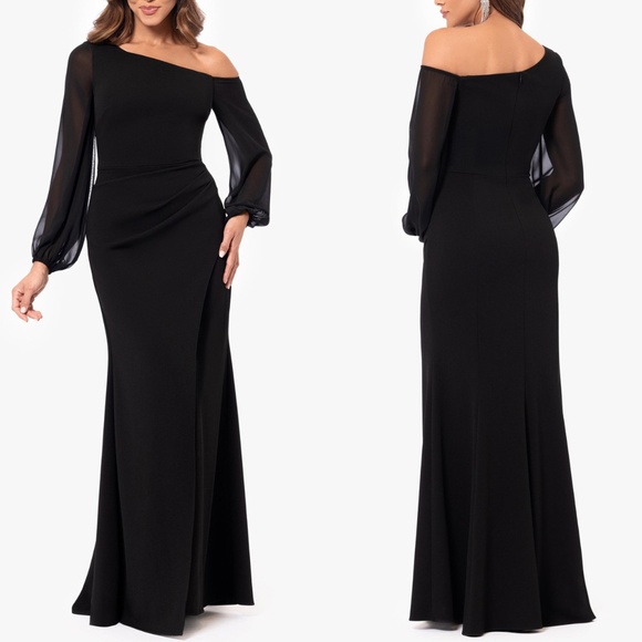 NEW Betsy & Adam BLACK Plus Size DONNA Off The Shoulder ILLUSION SLEEVE GOWN 20W - Picture 2 of 13